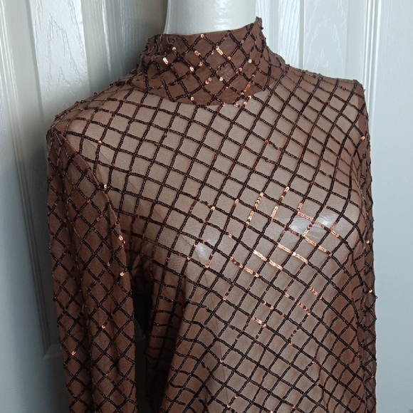 Anthropologie Pilcro Shimmering Sequins Brown Mesh Top. - Picture 6 of 11